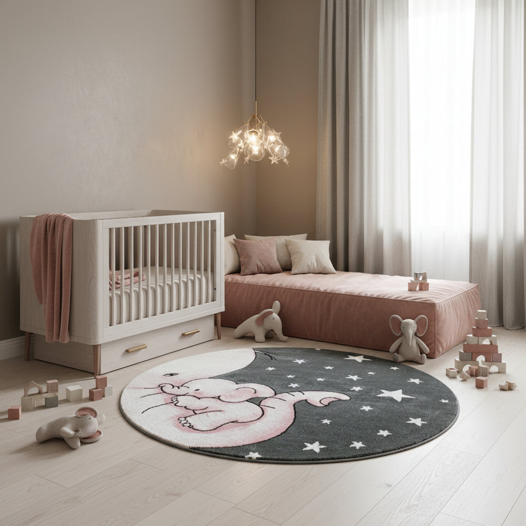 Kinderteppich Elefant Polypropylen gewebt saugroboter Kurzflor Kinderzimmer_Rund_