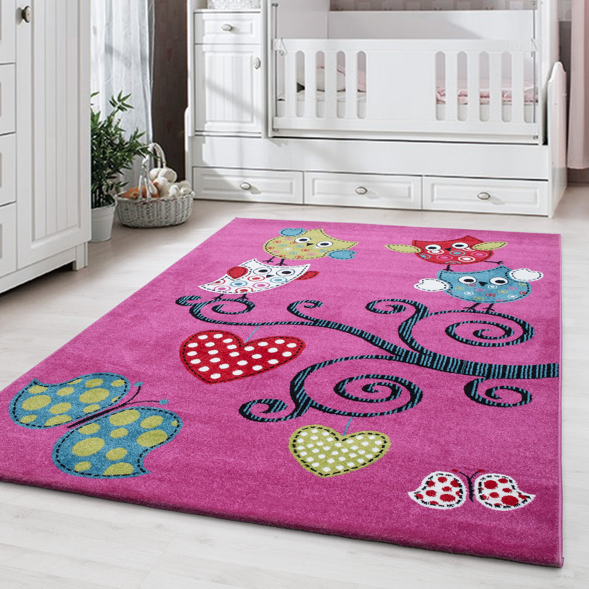 Kinderteppich Eule Polypropylen saugroboter Kurzflor Kinderzimmer_Violett_Läufer_