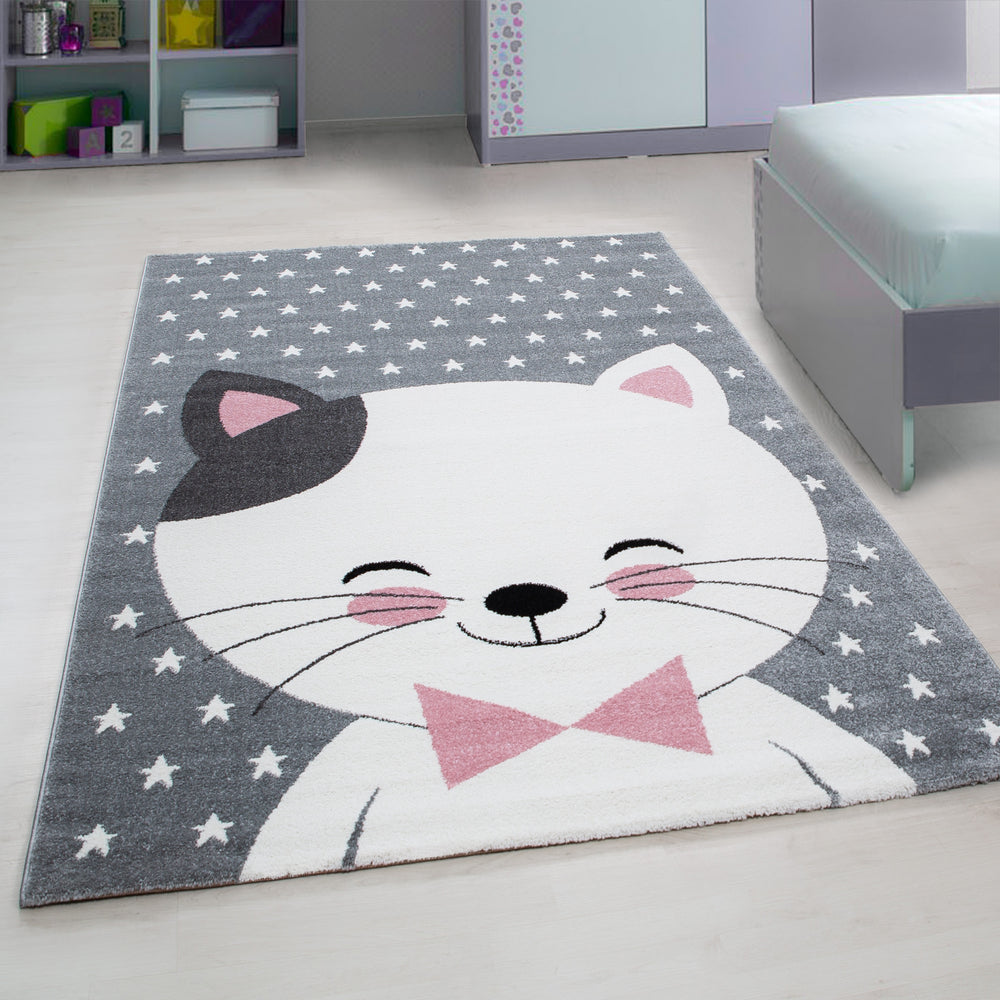 Kinderteppich Katze Polypropylen saugroboter Kurzflor Kinderzimmer_Pink_Läufer_