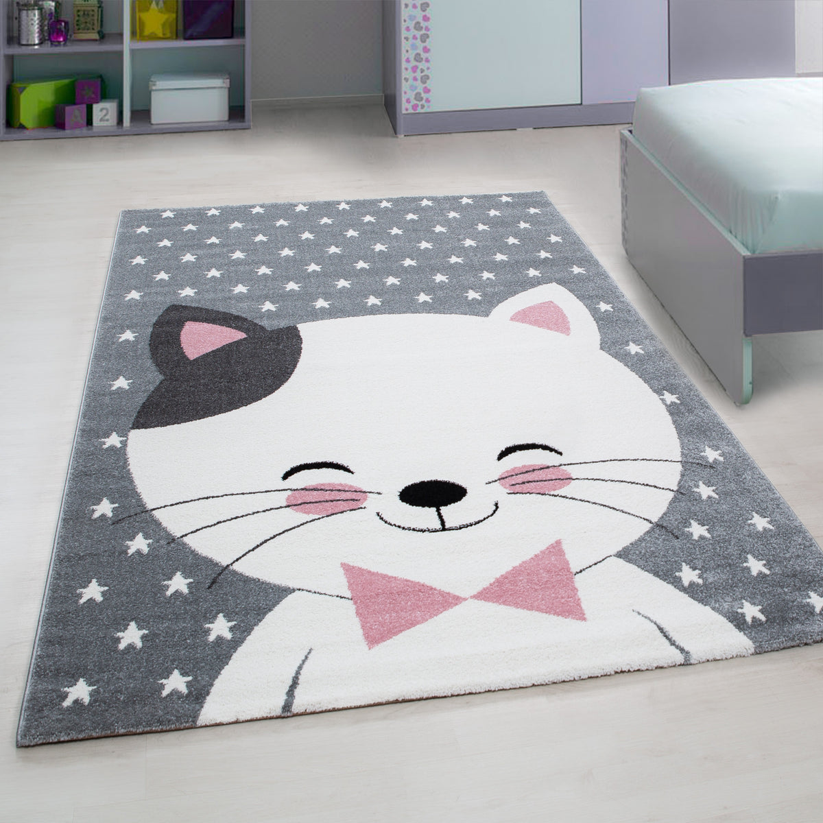 Kinderteppich Katze Polypropylen saugroboter Kurzflor Kinderzimmer Pink Läufer