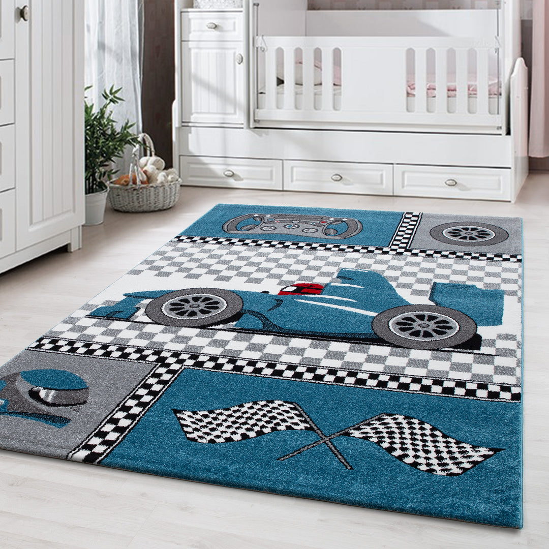 Kinderteppich Rennwagen Polypropylen saugroboter Kurzflor Kinderzimmer_Blau_Läufer_