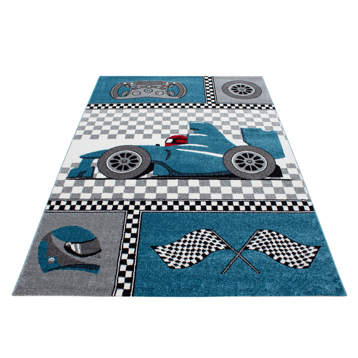 Kinderteppich Rennwagen Polypropylen gewebt saugroboter Kurzflor Kinderzimmer Blau Läufer 80x150_Läufer_