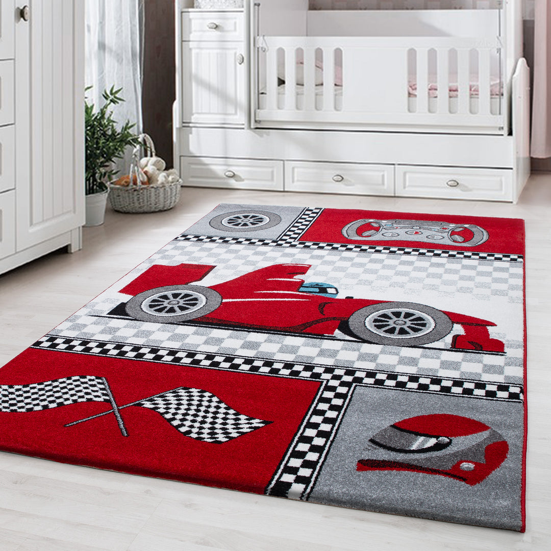 Kinderteppich Rennwagen Polypropylen saugroboter Kurzflor Kinderzimmer_Rot_Läufer_