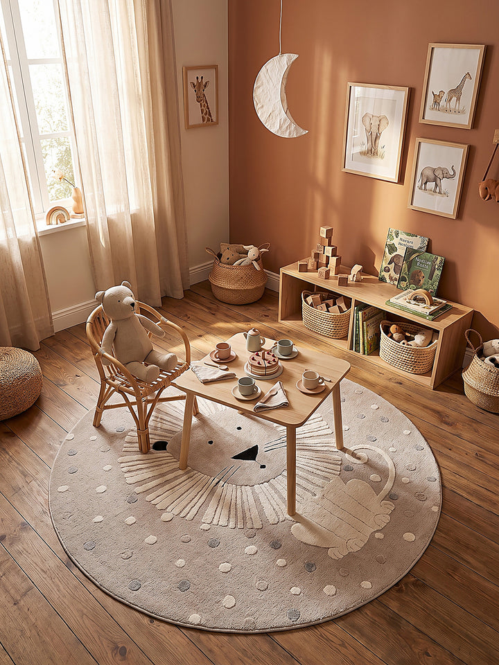 Teppich Beige rund gemütliche Wohnszene_
