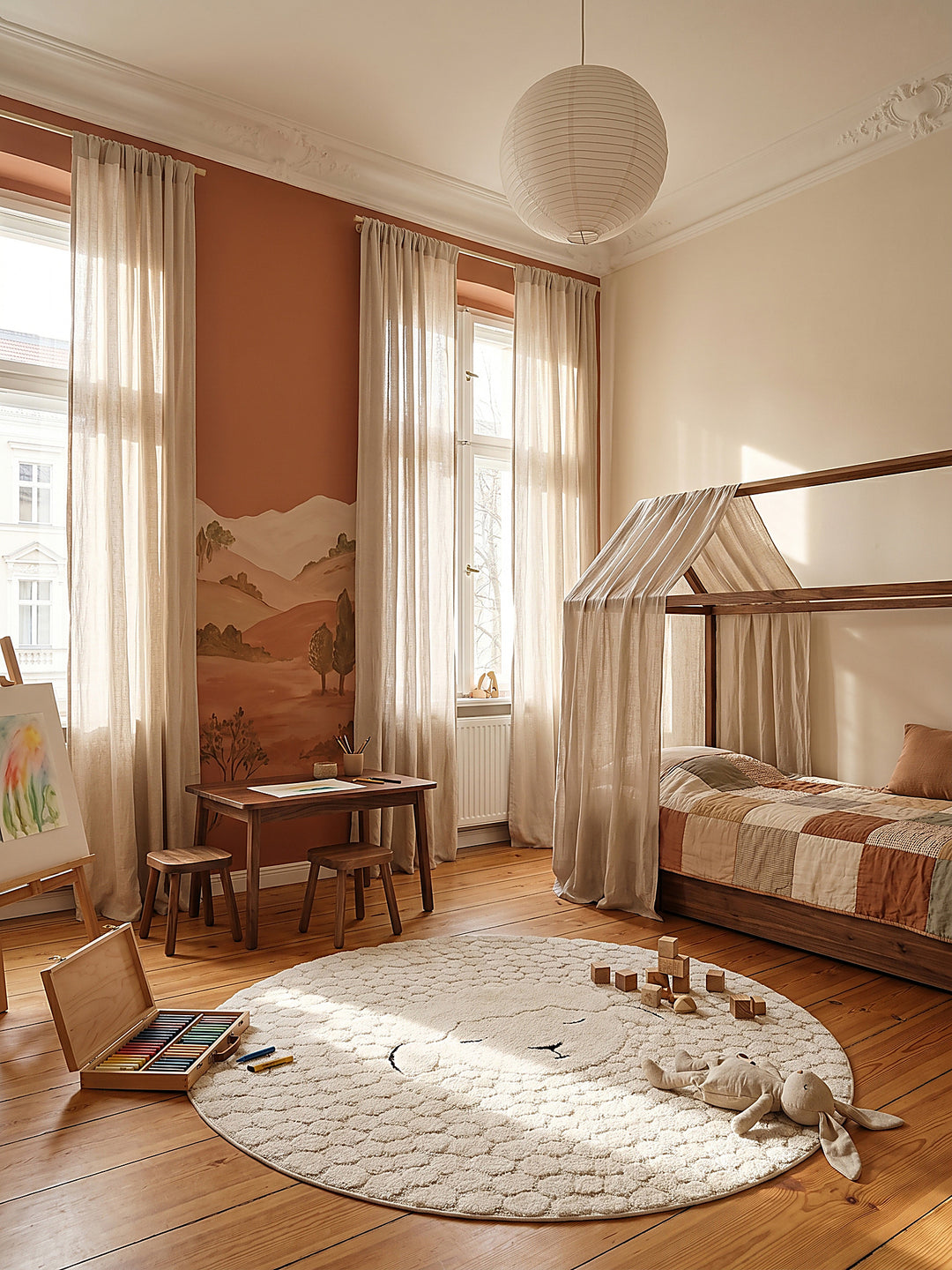 Teppich Creme rund im modernen Wohnzimmer_