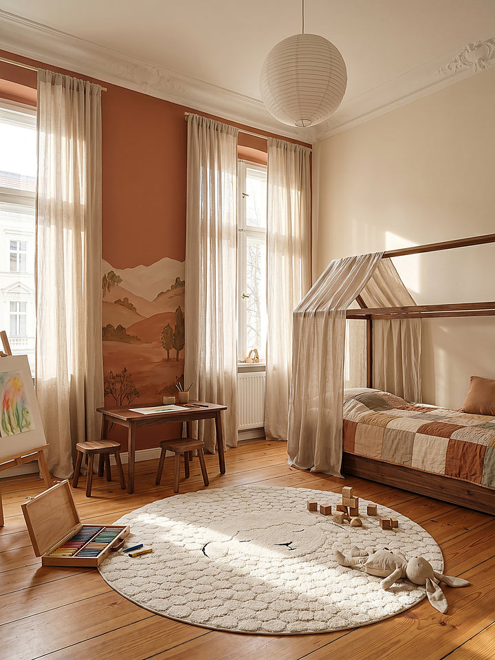 Teppich Creme rund im modernen Wohnzimmer_