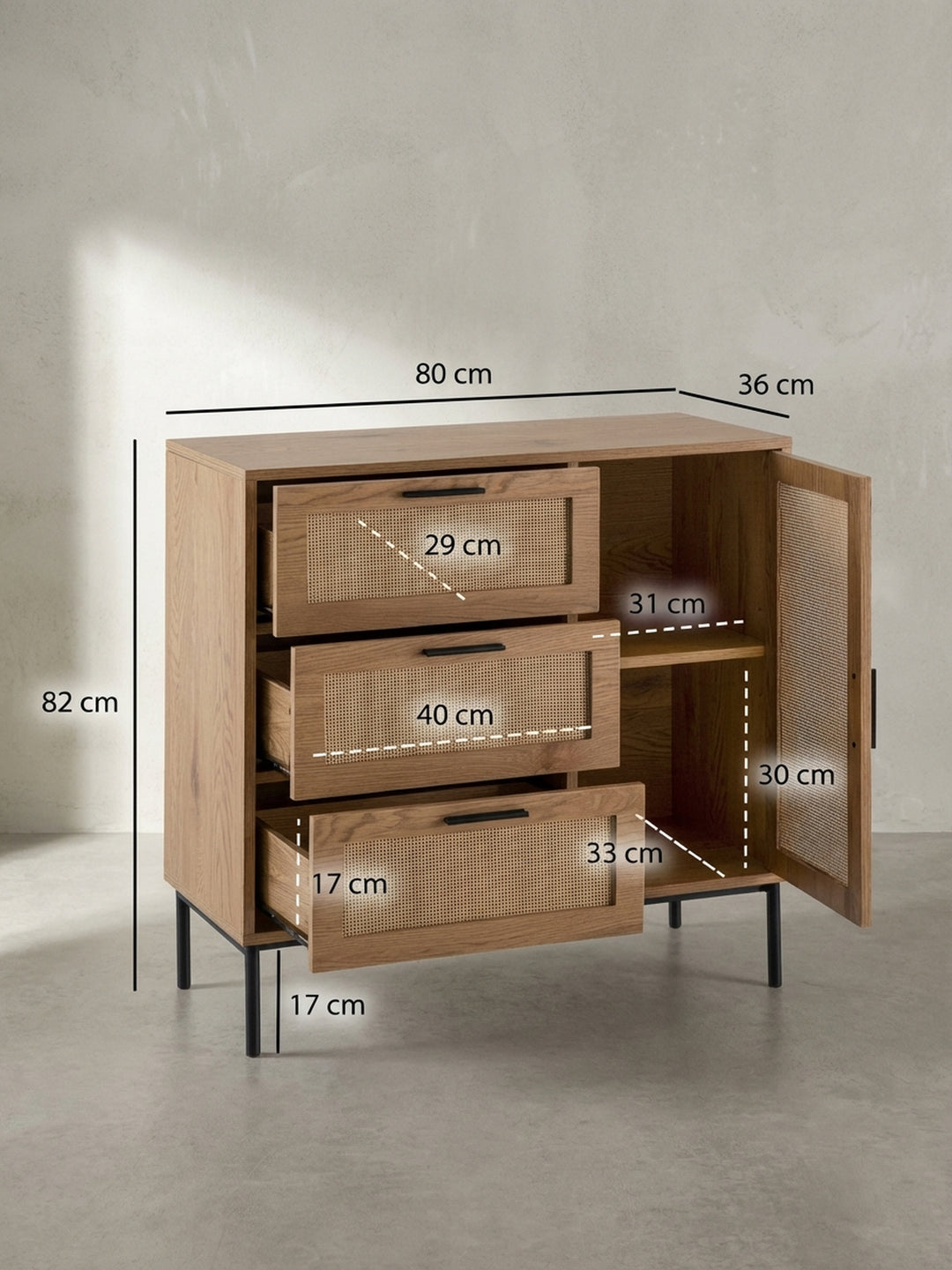 Technische Zeichnung der Flurkommode mit exakten Maßen: Breite 80 cm, Höhe 82 cm, Tiefe 36 cm, zur perfekten Planung des Stauraums im Eingangsbereich._