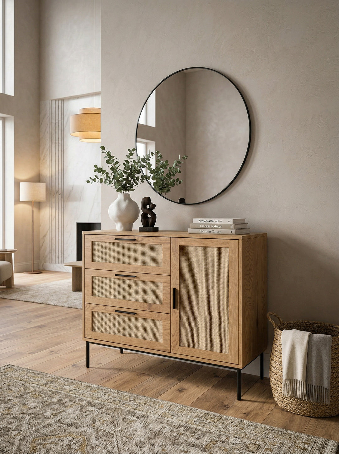 Kommode 80x82x36 cm Flurkommode Eiche-Dekor &amp; Rattan - Sideboard mit drei Schubladen und Tür - Kommodenschrank Modern - Standschrank Anrichte Schubladenkommode_