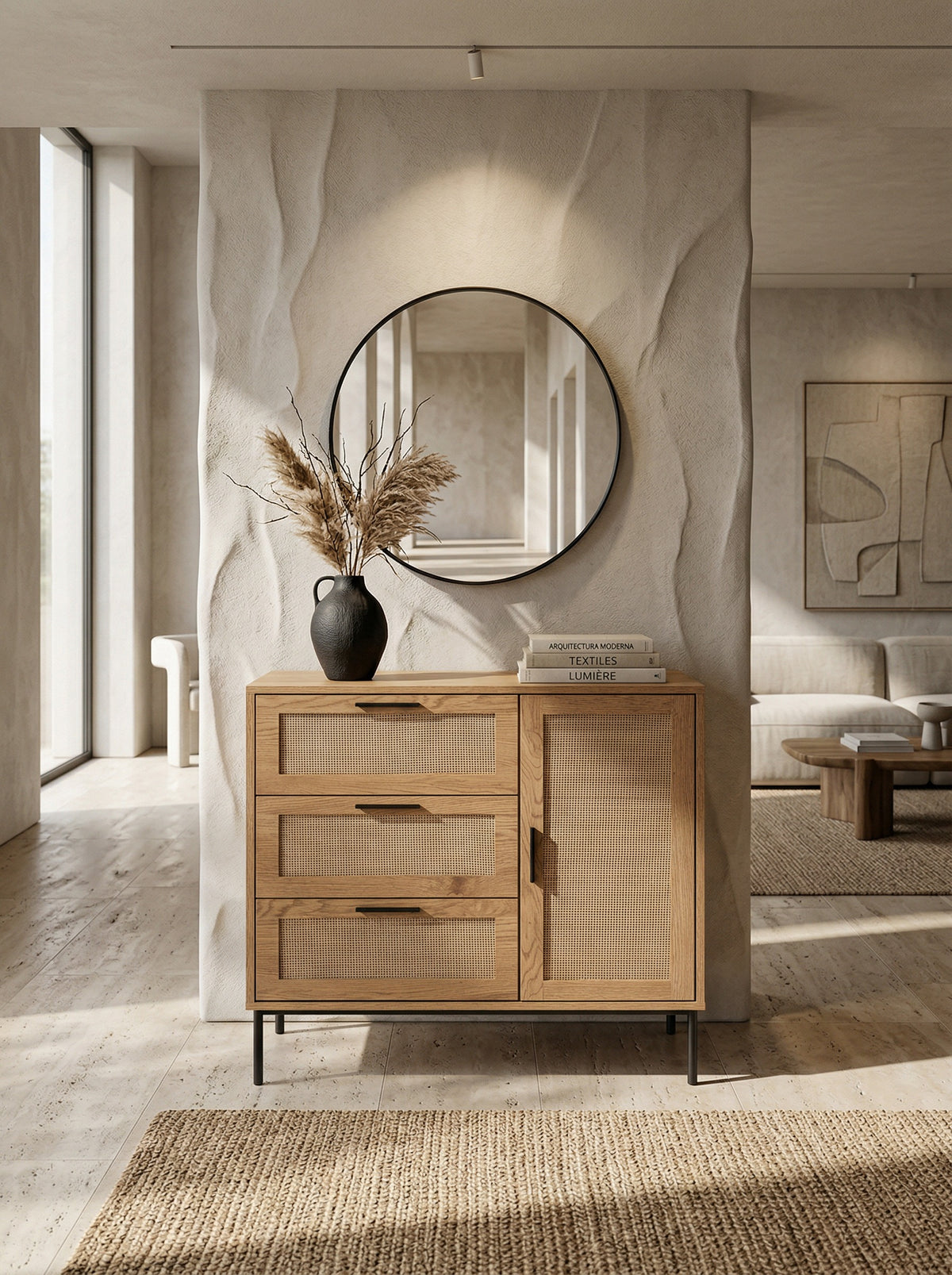Kommode 80x82x36 cm Flurkommode Eiche-Dekor & Rattan - Sideboard mit drei Schubladen und Tür - Kommodenschrank Modern - Standschrank Anrichte Schubladenkommode