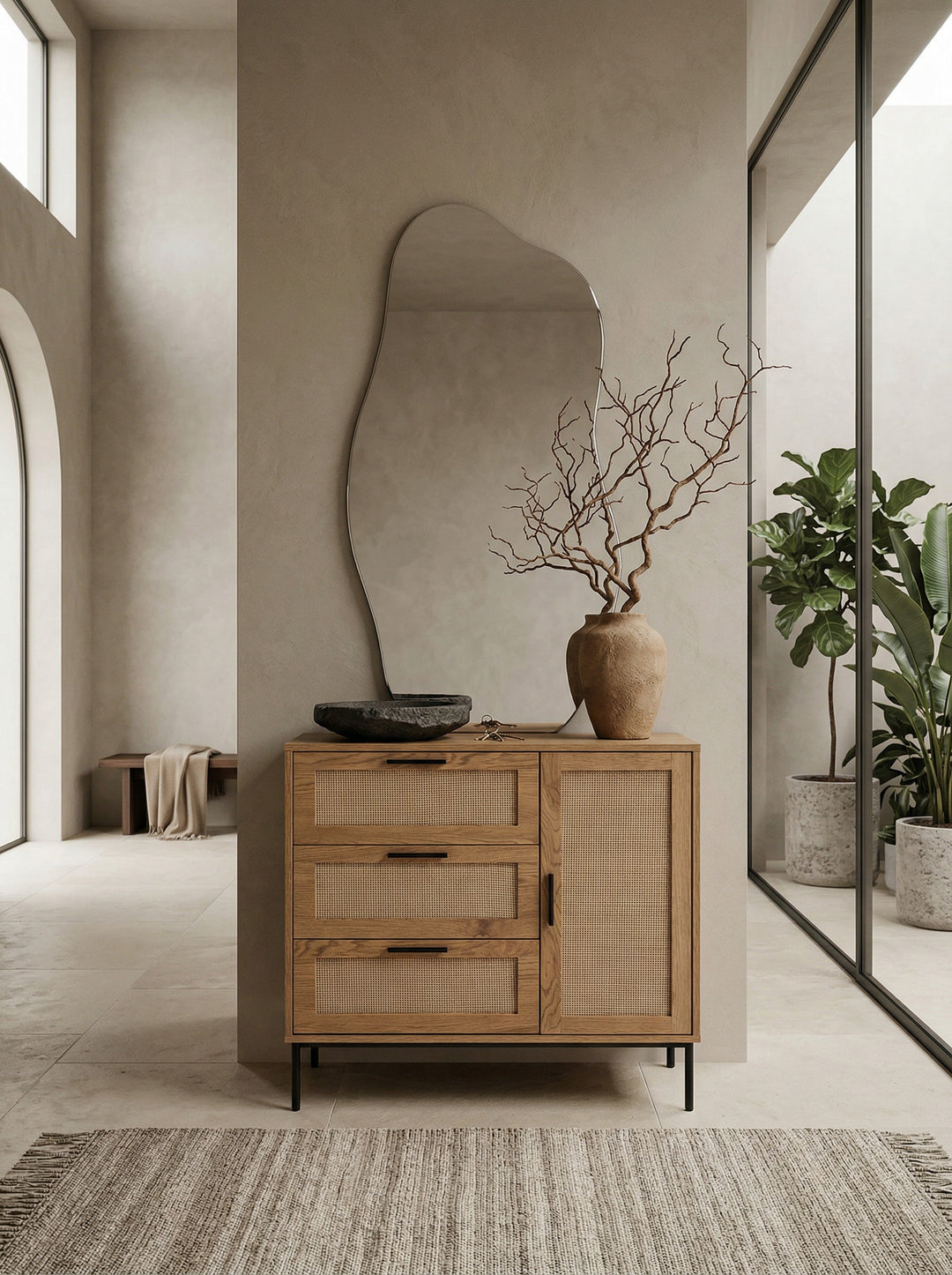 Kommode 80x82x36 cm Flurkommode Eiche-Dekor &amp; Rattan - Sideboard mit drei Schubladen und Tür - Kommodenschrank Modern - Standschrank Anrichte Schubladenkommode_