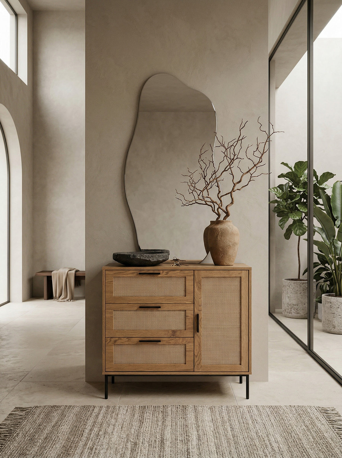 Kommode 80x82x36 cm Flurkommode Eiche-Dekor & Rattan - Sideboard mit drei Schubladen und Tür - Kommodenschrank Modern - Standschrank Anrichte Schubladenkommode
