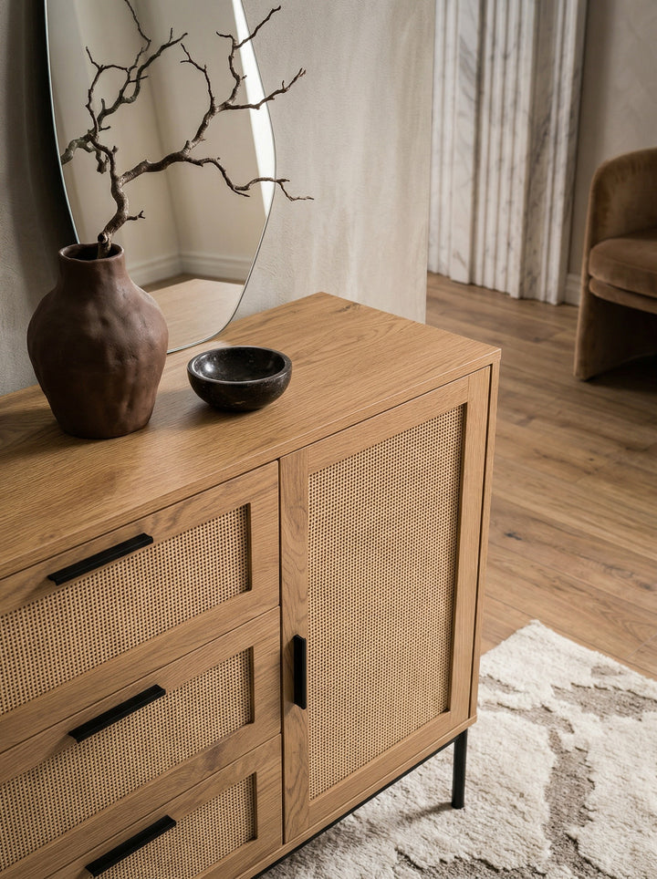 Kommode 80x82x36 cm Flurkommode Eiche-Dekor &amp;amp; Rattan - Sideboard mit drei Schubladen und Tür - Kommodenschrank Modern - Standschrank Anrichte Schubladenkommode_