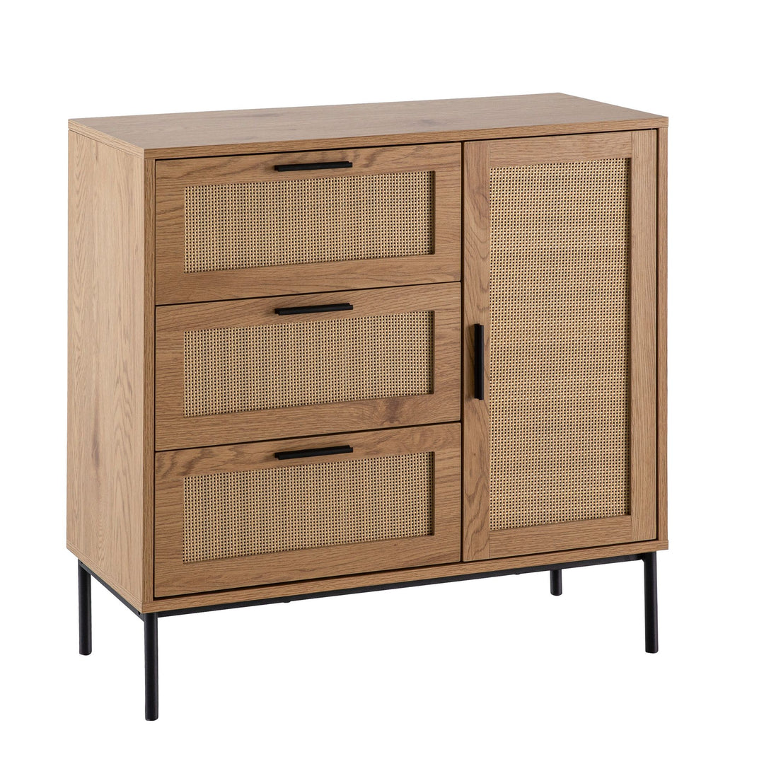 Kommode – Eiche-Dekor/Rattan, 80x82x36 cm, 3 Schubladen, 1 Tür, modern