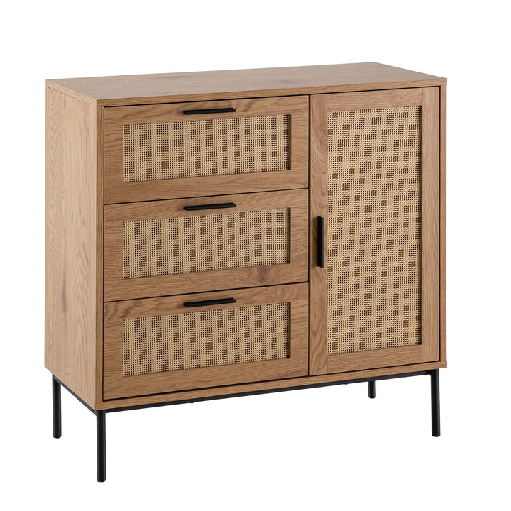 Kommode – Eiche-Dekor/Rattan, 80x82x36 cm, 3 Schubladen, 1 Tür, modern