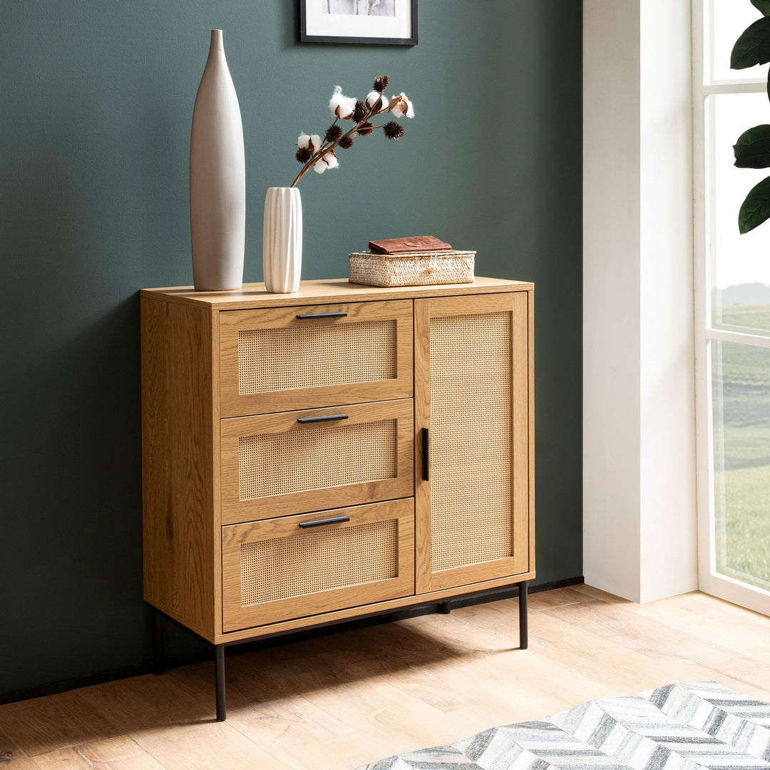 Kommode – Eiche-Dekor/Rattan, 80x82x36 cm, 3 Schubladen, 1 Tür, modern