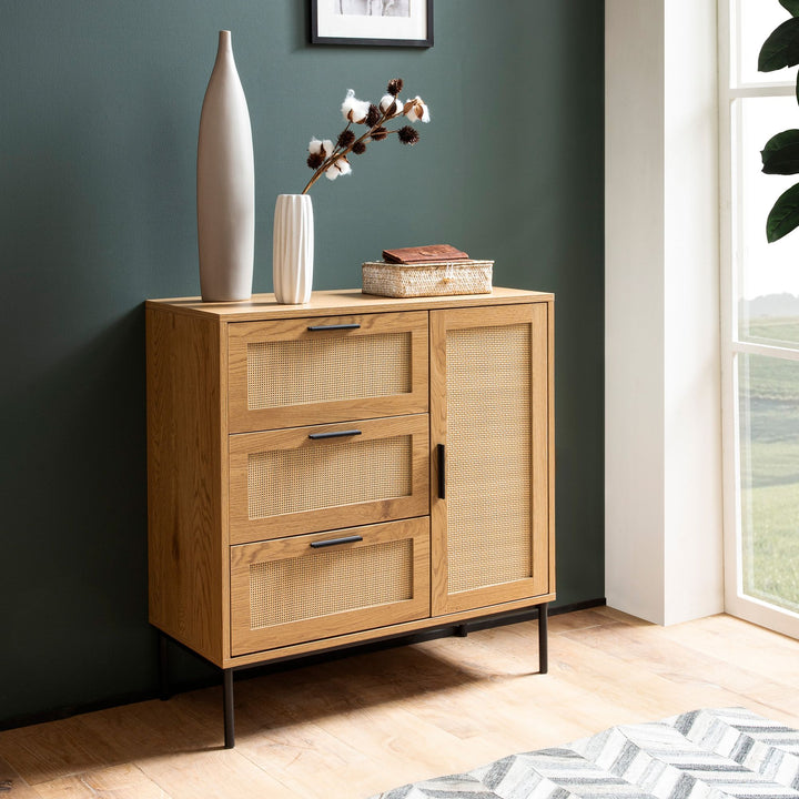 Kommode – Eiche-Dekor/Rattan, 80x82x36 cm, 3 Schubladen, 1 Tür, modern