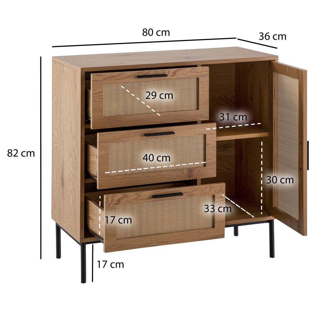 Kommode – Eiche-Dekor/Rattan, 80x82x36 cm, 3 Schubladen, 1 Tür, modern