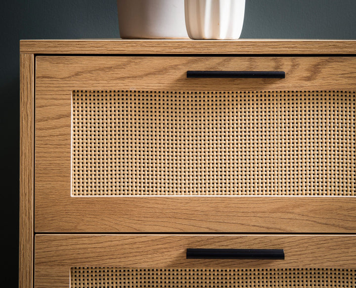 Kommode – Eiche-Dekor/Rattan, 80x82x36 cm, 3 Schubladen, 1 Tür, modern