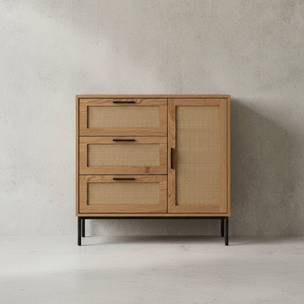 Kommode 80x82x36 cm Flurkommode Eiche-Dekor &amp; Rattan - Sideboard mit drei Schubladen und Tür - Kommodenschrank Modern - Standschrank Anrichte Schubladenkommode_