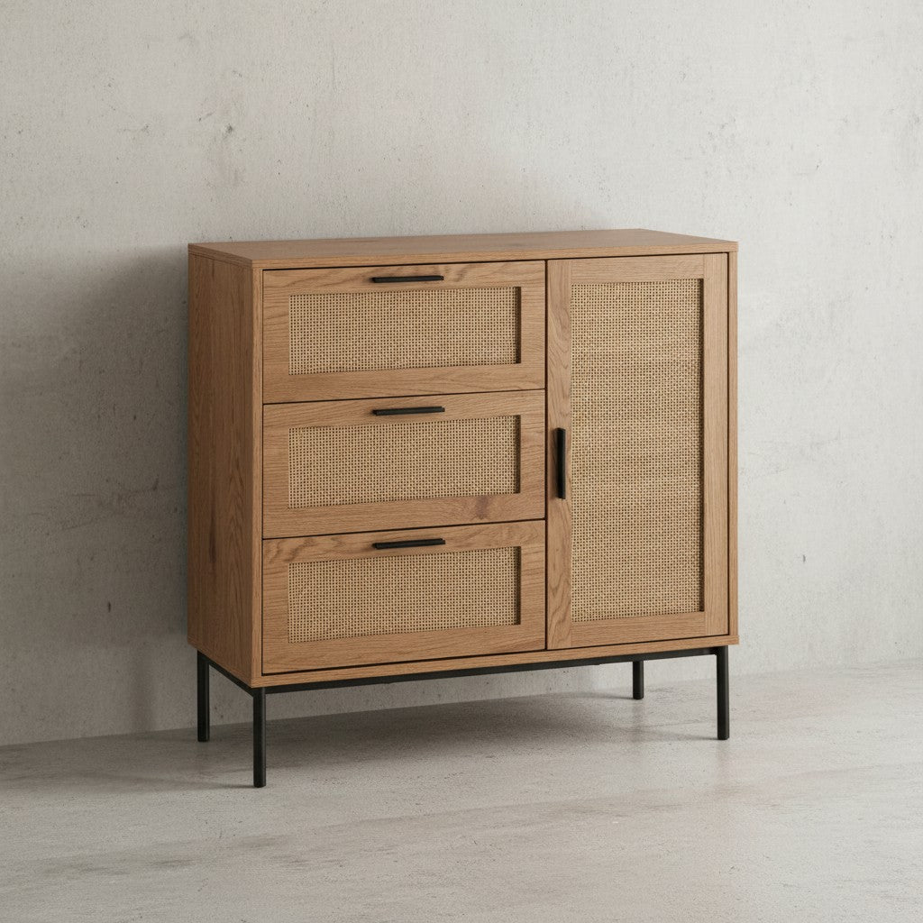 Kommode 80x82x36 cm Flurkommode Eiche-Dekor &amp; Rattan - Sideboard mit drei Schubladen und Tür - Kommodenschrank Modern - Standschrank Anrichte Schubladenkommode_