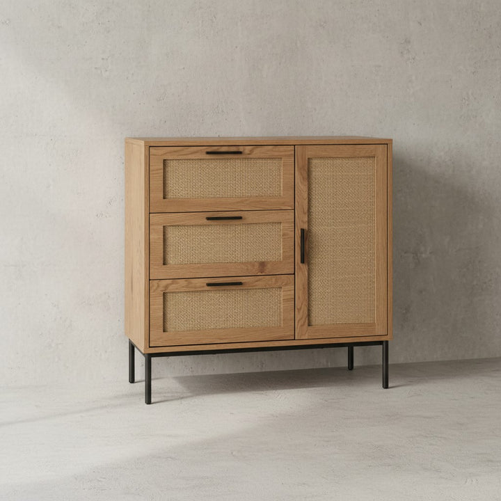 Kommode 80x82x36 cm Flurkommode Eiche-Dekor &amp;amp; Rattan - Sideboard mit drei Schubladen und Tür - Kommodenschrank Modern - Standschrank Anrichte Schubladenkommode_