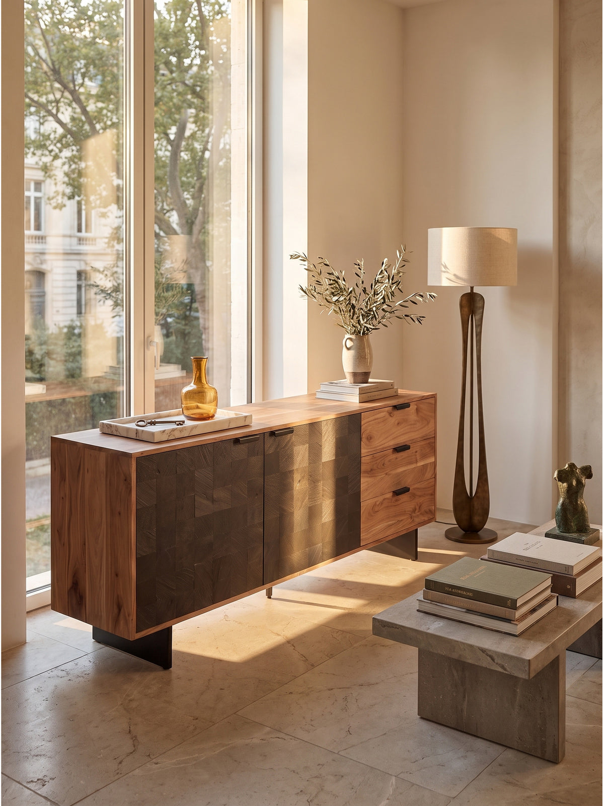 Das moderne Sideboard aus Akazienholz kombiniert mit einem hellen Leinensofa und einem abstrakten Gemälde auf edlem Walnussparkett._