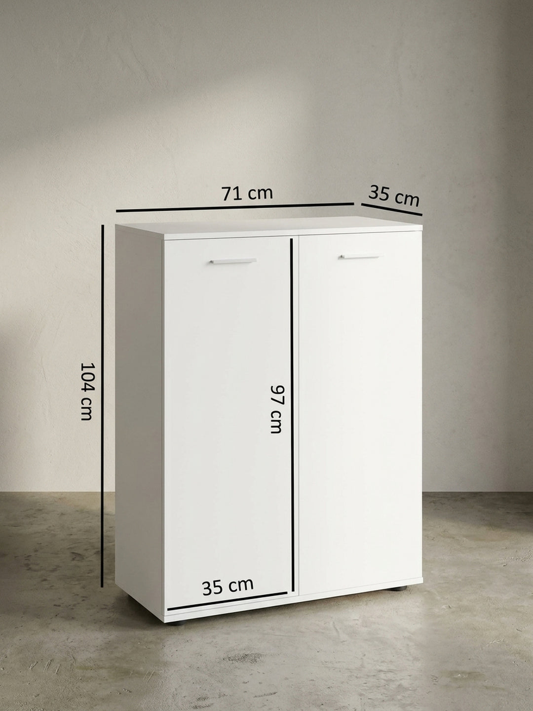 Technische Konstruktionszeichnung der weißen Kommode mit exakten Maßangaben von 71 cm Breite, 104 cm Höhe und 35 cm Tiefe für die perfekte Raumplanung_