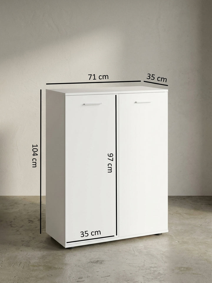 Technische Konstruktionszeichnung der weißen Kommode mit exakten Maßangaben von 71 cm Breite, 104 cm Höhe und 35 cm Tiefe für die perfekte Raumplanung_