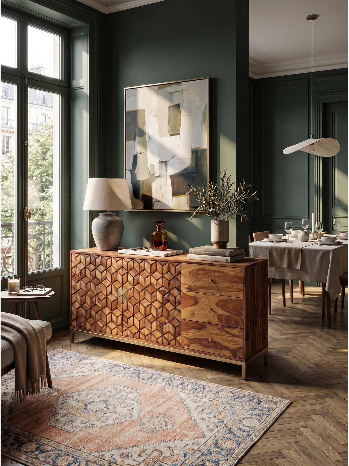 Luxuriöses Sideboard aus Sheesham Massivholz 180 cm mit geometrischem 3D-Muster im eleganten Wohnzimmer auf Eichen-Fischgrätparkett_