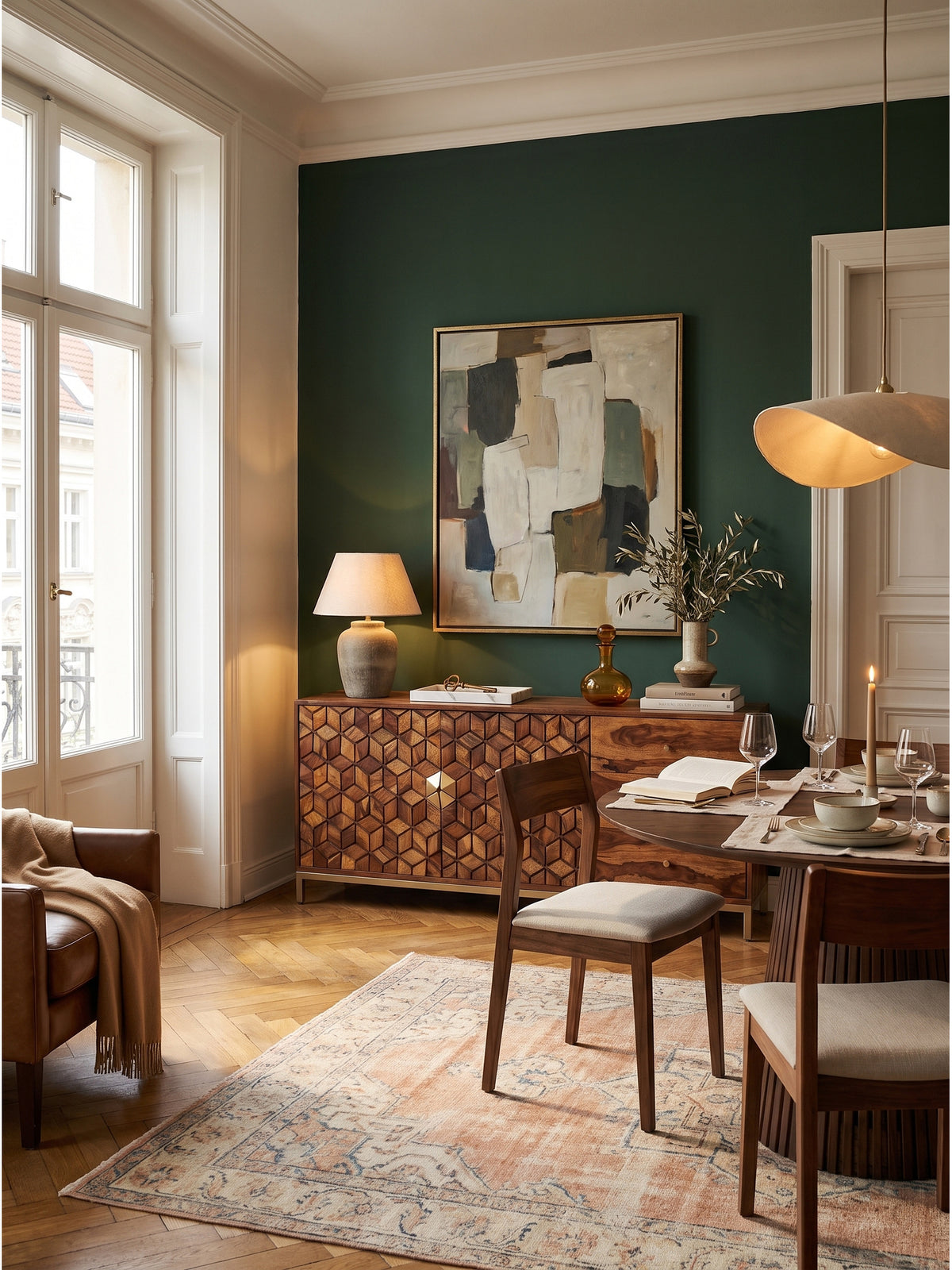 Elegante Wohnzimmergestaltung mit dem 180 cm breiten Sheesham-Sideboard kombiniert mit einem abstrakten Ölgemälde und dunklen Wänden_