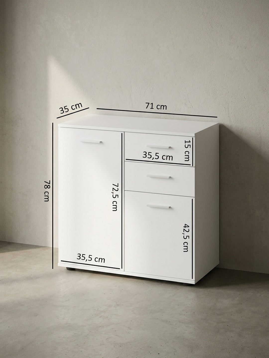 Technische Skizze der weißen Flurkommode mit exakten Bemaßungen von 71x78x35,5 cm sowie detaillierten Schubladen-Innenmaßen._