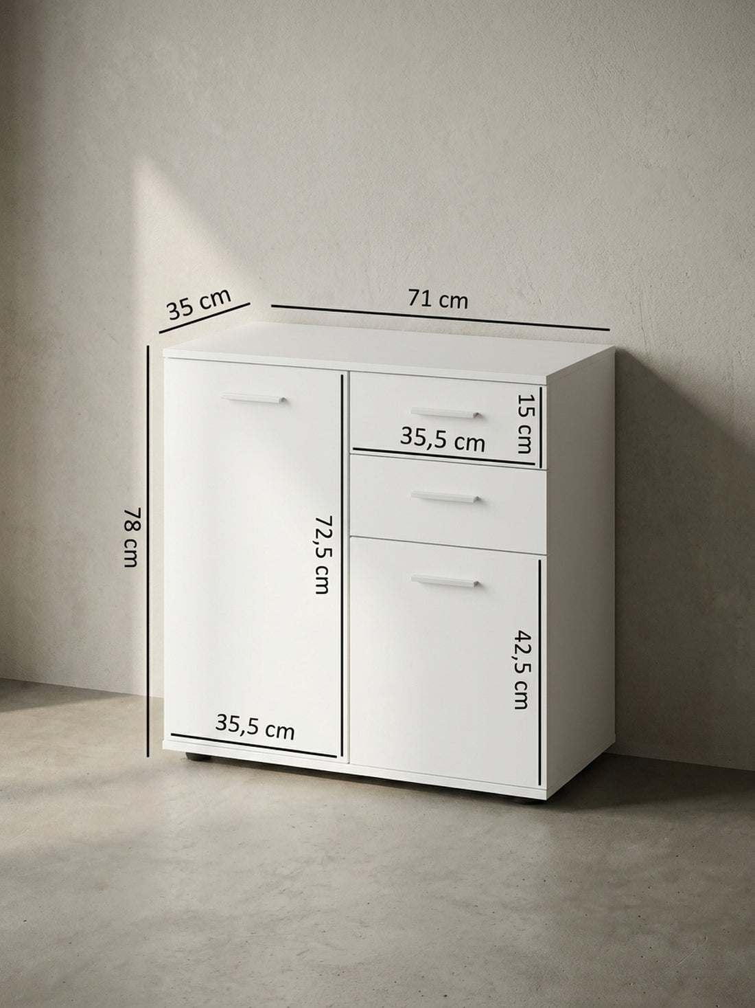 Maßzeichnung Sideboard – Weiß, 2 Türen, 2 Schubladen, kratzfest, melaminbeschichtet