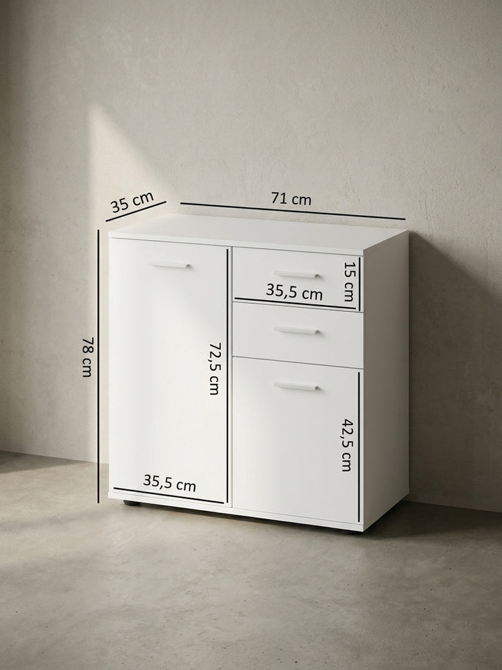 Technische Skizze der weißen Flurkommode mit exakten Bemaßungen von 71x78x35,5 cm sowie detaillierten Schubladen-Innenmaßen._