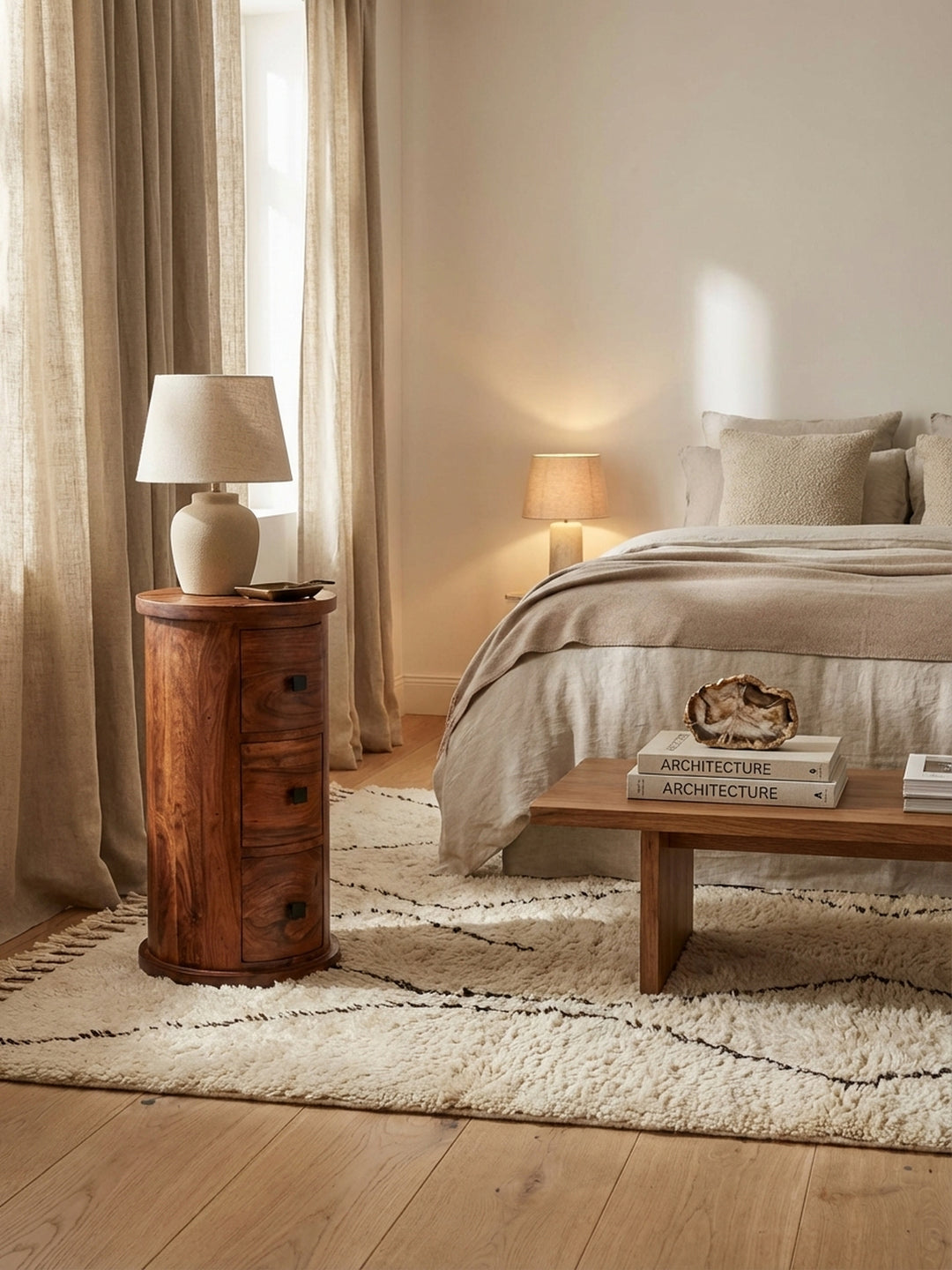 Eleganter runder Beistellschrank aus Sheesham Massivholz in einem hellen Wohnzimmer, dekoriert mit einer goldenen Vase. Höhe 65 cm, ideal neben Sofa oder Sessel._