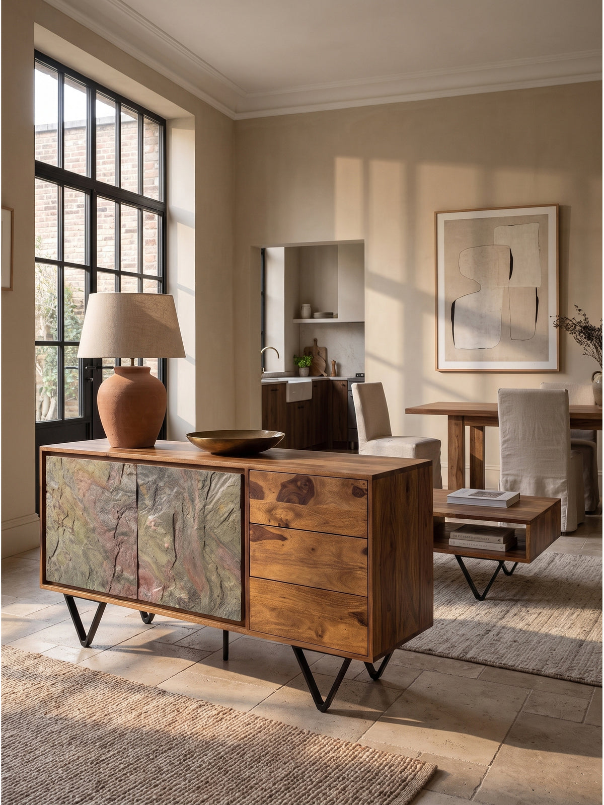 Sheesham Massivholz Sideboard mit Fronten in grüner 3D-Steinoptik 150x40x55 cm auf hellem Berberteppich vor strukturierter Sandsteinwand im eleganten Boho-Luxe Wohnzimmer