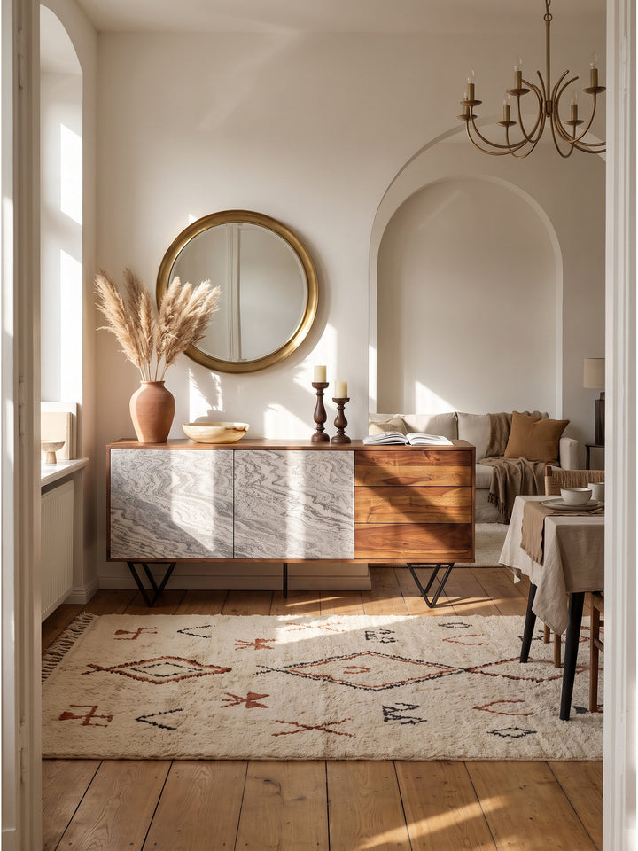 Sideboard aus Sheesham Massivholz mit Fronten in Steinoptik im warmen Boho-Wohnzimmer auf hellem Teppich_