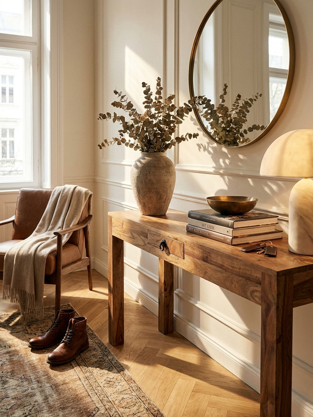 Konsolentische Sheesham Massivholz natur 40x120x70 cm kombiniert mit passenden Möbeln Home Office Einrichtungsidee Möbelensemble mit Schublade und Ablagefach harmonisch Wohnen Interior_