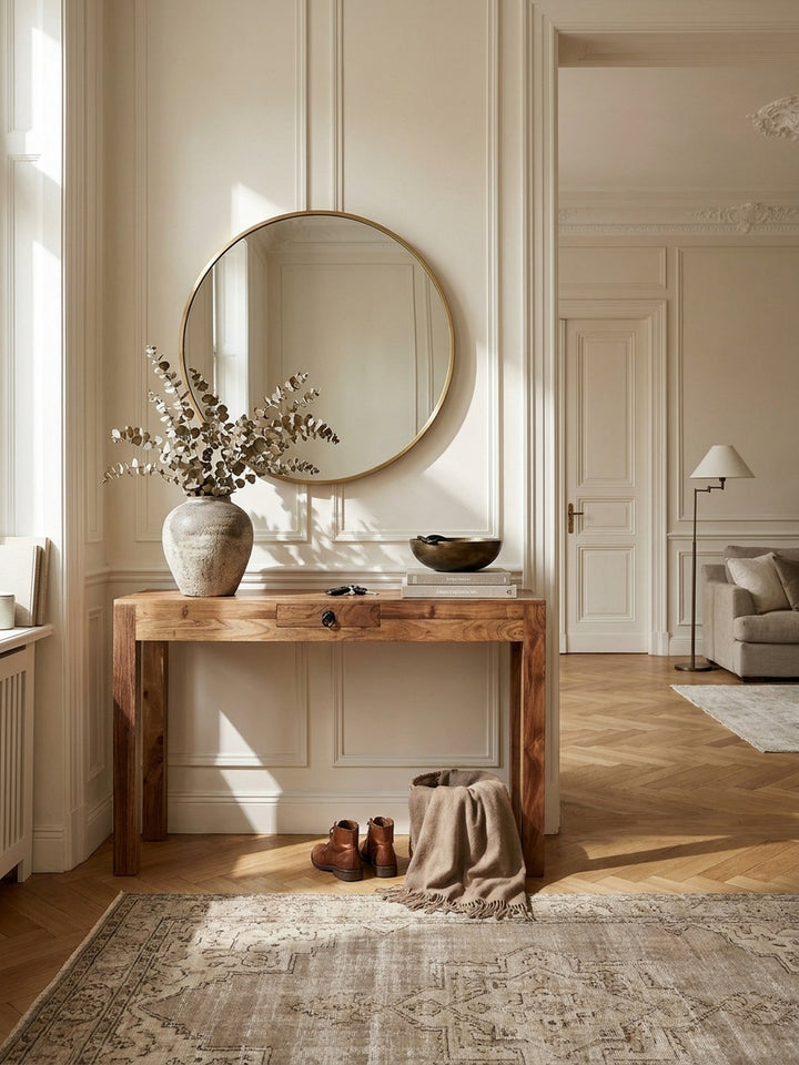 Konsolentische Sheesham Massivholz natur 40x120x70 cm in modernem Home Office Einrichtung Design Möbel mit Schublade und Ablagefach hochwertig modern stilvoll einrichten Wohnen Interior_