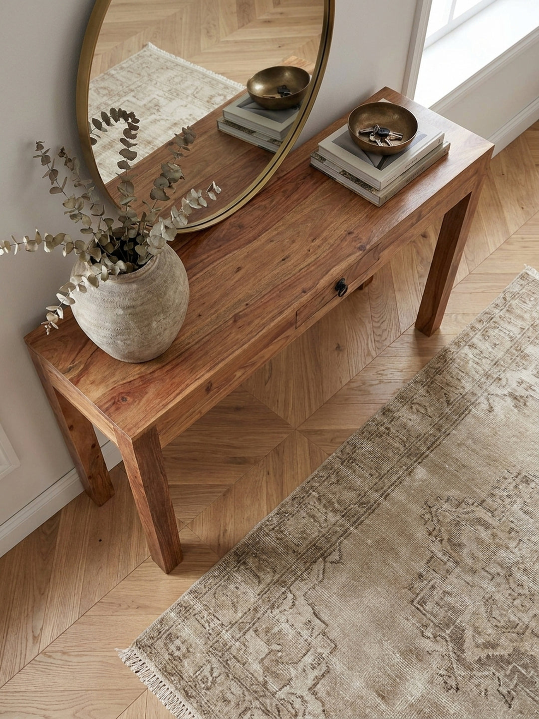 Konsolentische Sheesham Massivholz natur 40x120x70 cm Wohnidee Home Office Einrichtungsidee stilvoll kombinieren mit Schublade und Ablagefach Design Möbel Inspiration Wohnen Interior Zuhause_
