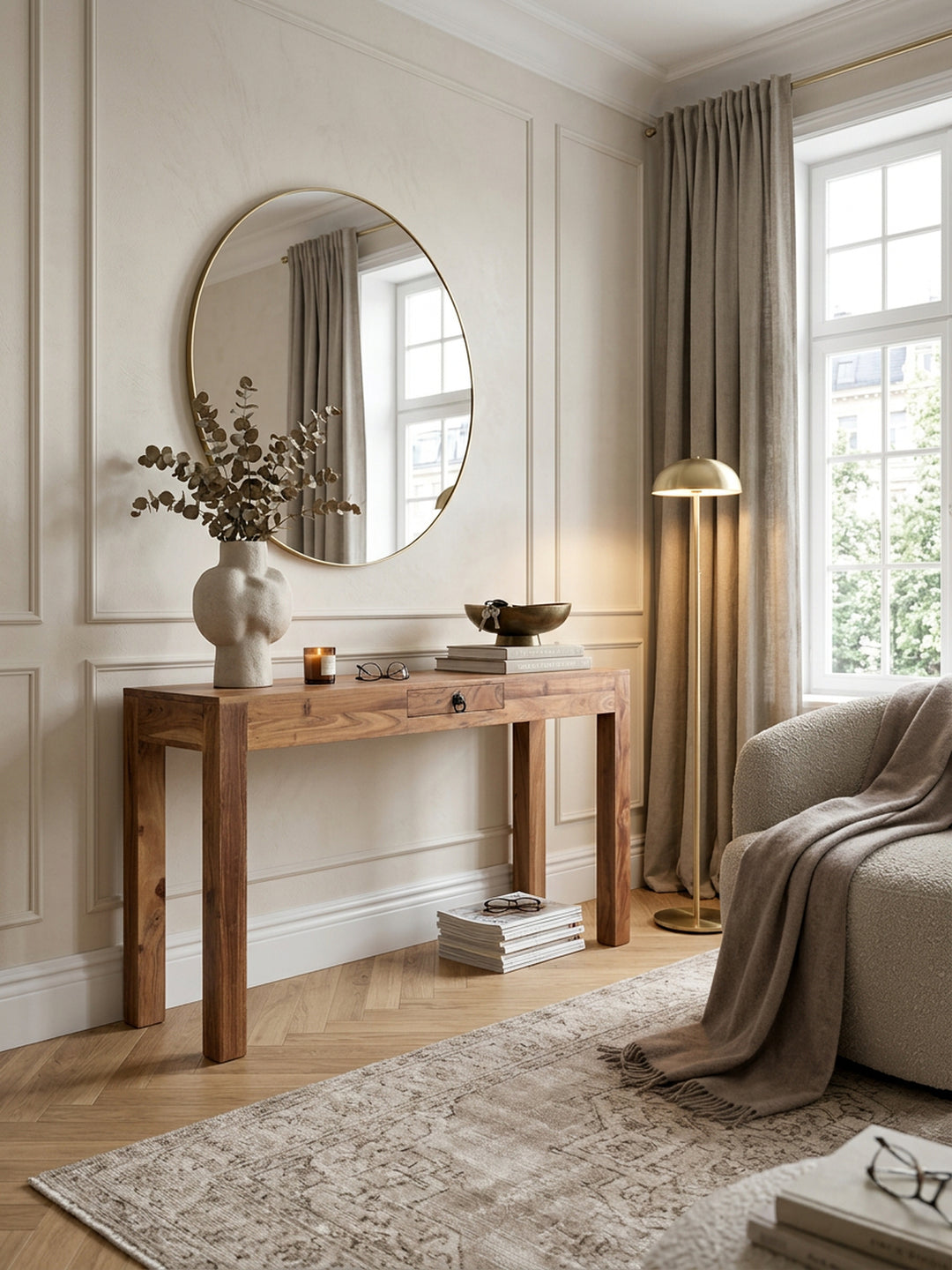 Konsolentische Sheesham Massivholz natur 40x120x70 cm in modernem Home Office Einrichtung Design Möbel mit Schublade und Ablagefach hochwertig modern stilvoll einrichten Wohnen Interior_