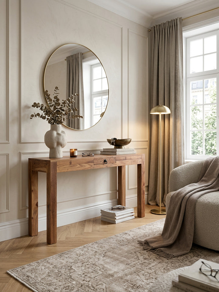 Konsolentische Sheesham Massivholz natur 40x120x70 cm in modernem Home Office Einrichtung Design Möbel mit Schublade und Ablagefach hochwertig modern stilvoll einrichten Wohnen Interior_