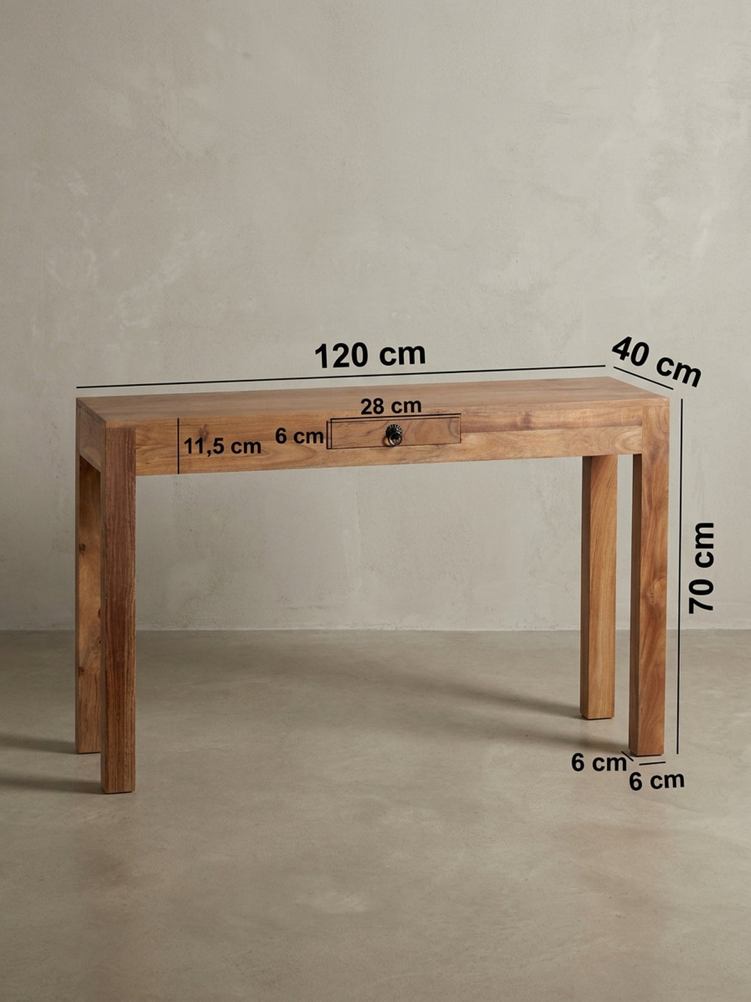 Konsolentische Sheesham Massivholz natur Maße 40x120x70 cm Höhe Breite Tiefe Maßzeichnung Produktmaße mit Schublade und Ablagefach Möbel Design Home Office Wohnen Einrichtung Interior_