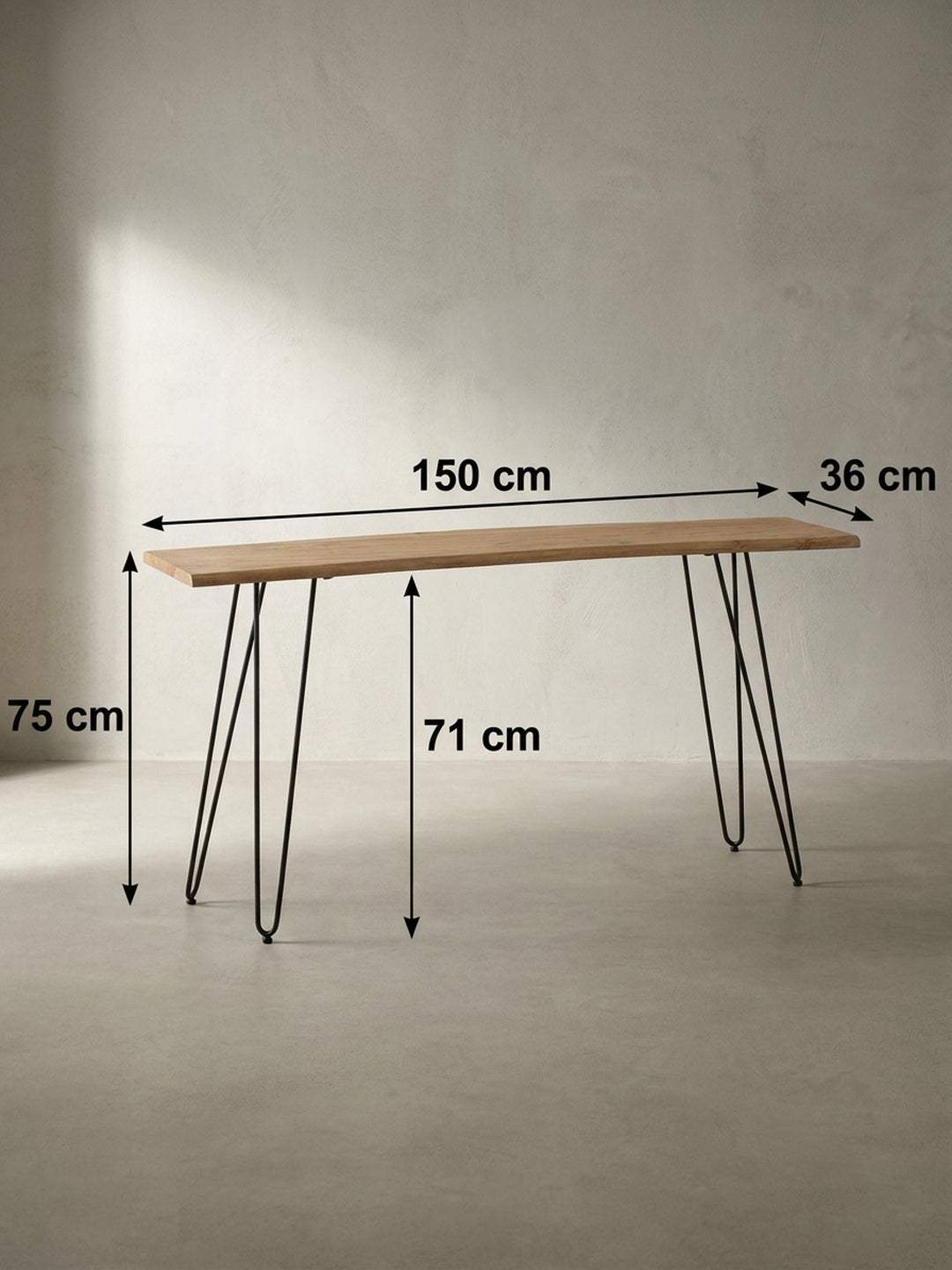 Technisches Bild des Konsolentisches mit genauen Maßen: Breite 150 cm, Tiefe 36 cm und Höhe 75 cm für die perfekte Planung im Flur._