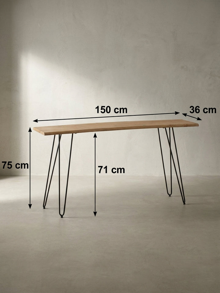 Technisches Bild des Konsolentisches mit genauen Maßen: Breite 150 cm, Tiefe 36 cm und Höhe 75 cm für die perfekte Planung im Flur._