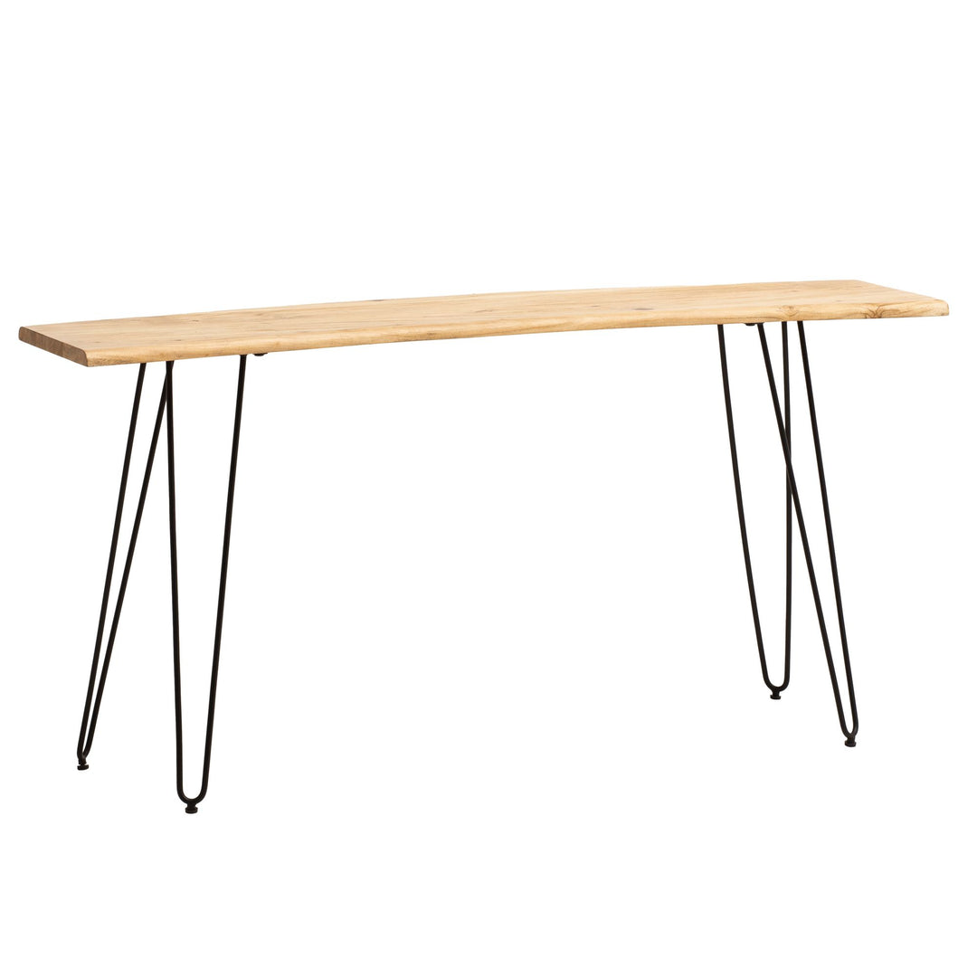 Konsolentisch – Akazie Massivholz, 150x36x75 cm, mit Baumkante, Haarnadelbeine, Metallgestell