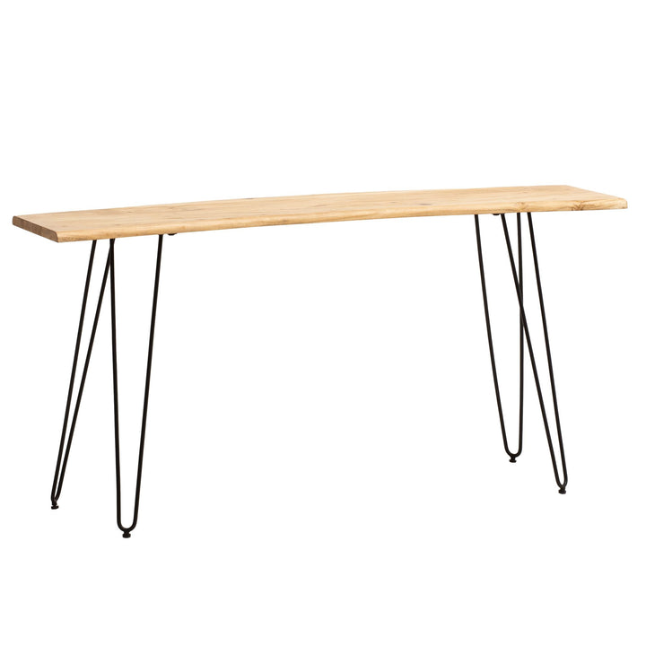Konsolentisch – Akazie Massivholz, 150x36x75 cm, mit Baumkante, Haarnadelbeine, Metallgestell