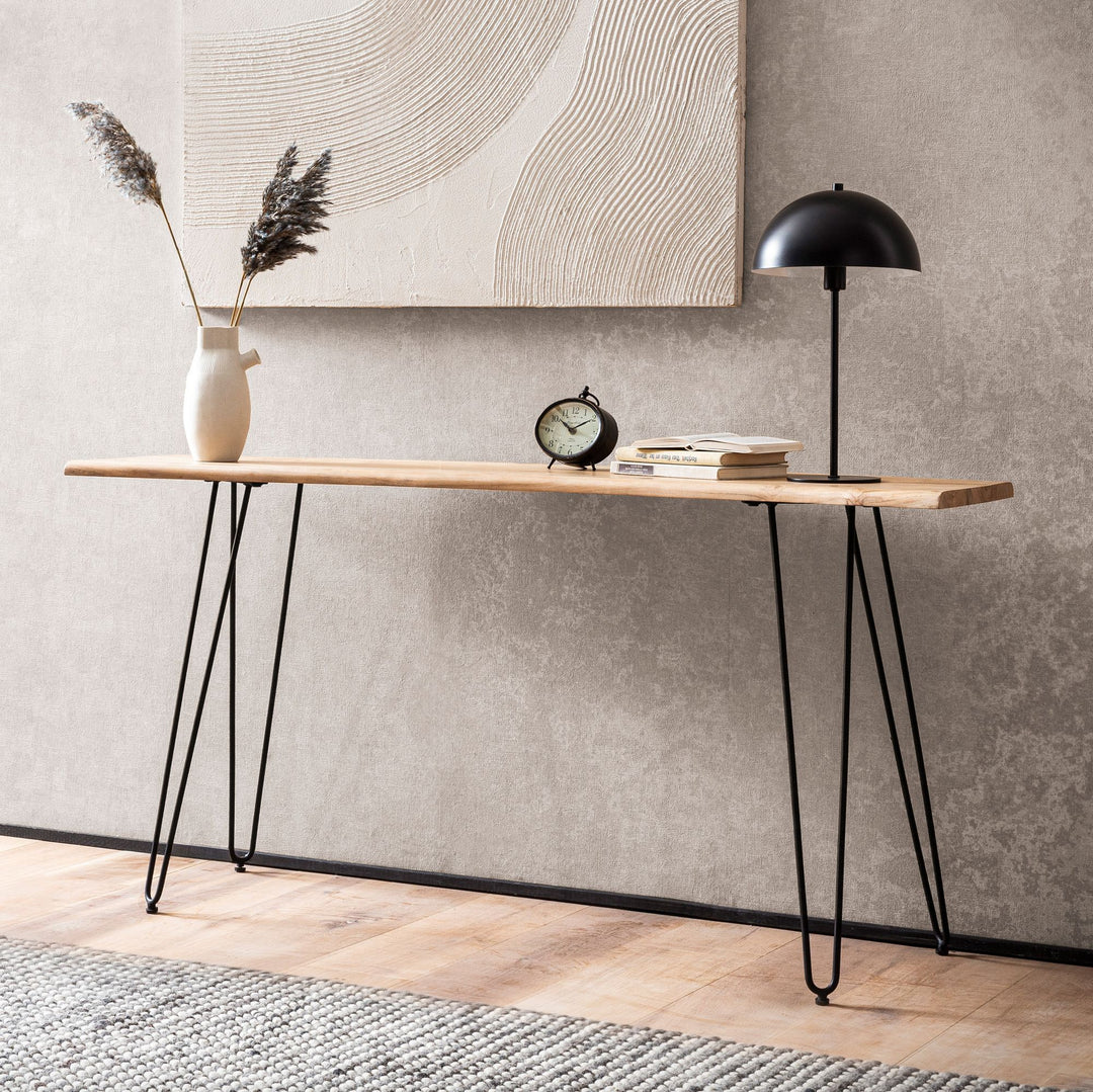 Konsolentisch – Akazie Massivholz, 150x36x75 cm, mit Baumkante, Haarnadelbeine, Metallgestell