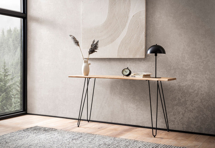 Konsolentisch – Akazie Massivholz, 150x36x75 cm, mit Baumkante, Haarnadelbeine, Metallgestell