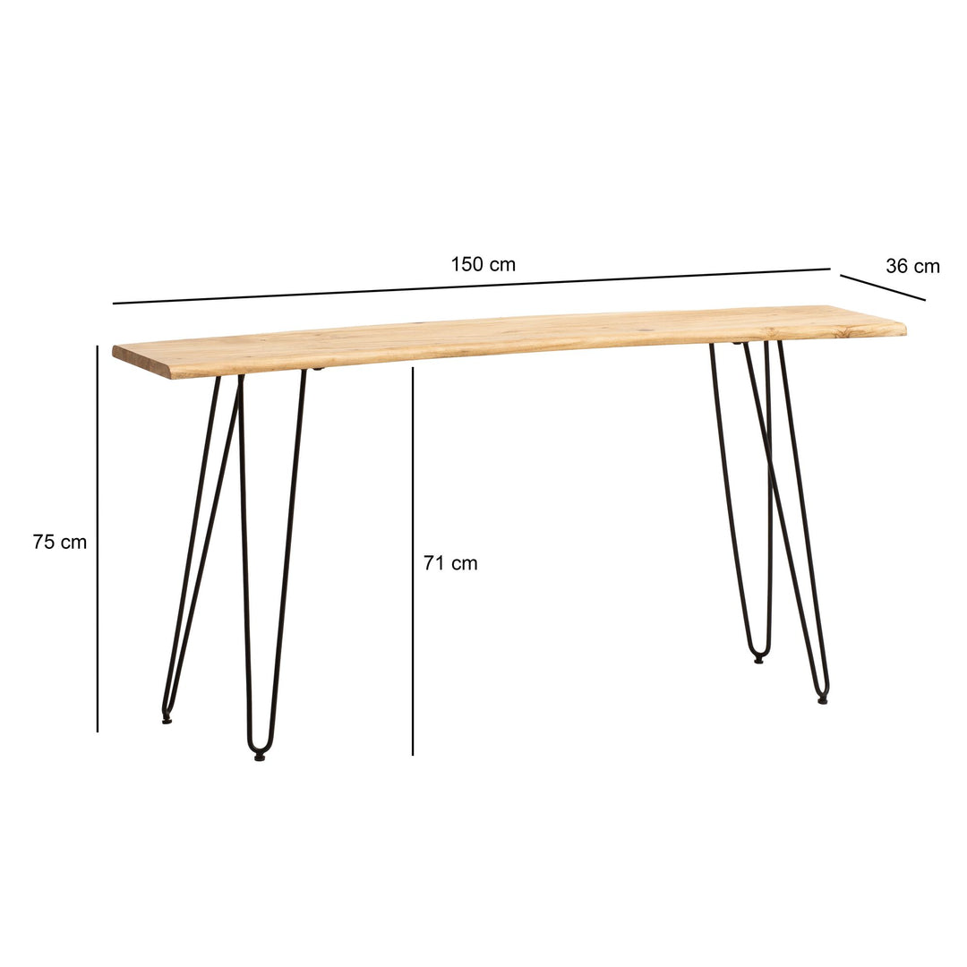 Konsolentisch – Akazie Massivholz, 150x36x75 cm, mit Baumkante, Haarnadelbeine, Metallgestell