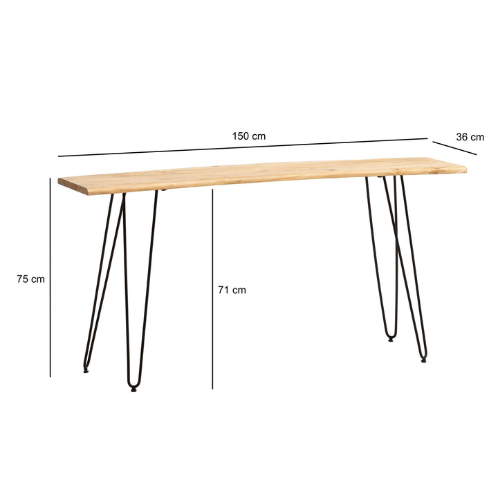 Konsolentisch – Akazie Massivholz, 150x36x75 cm, mit Baumkante, Haarnadelbeine, Metallgestell